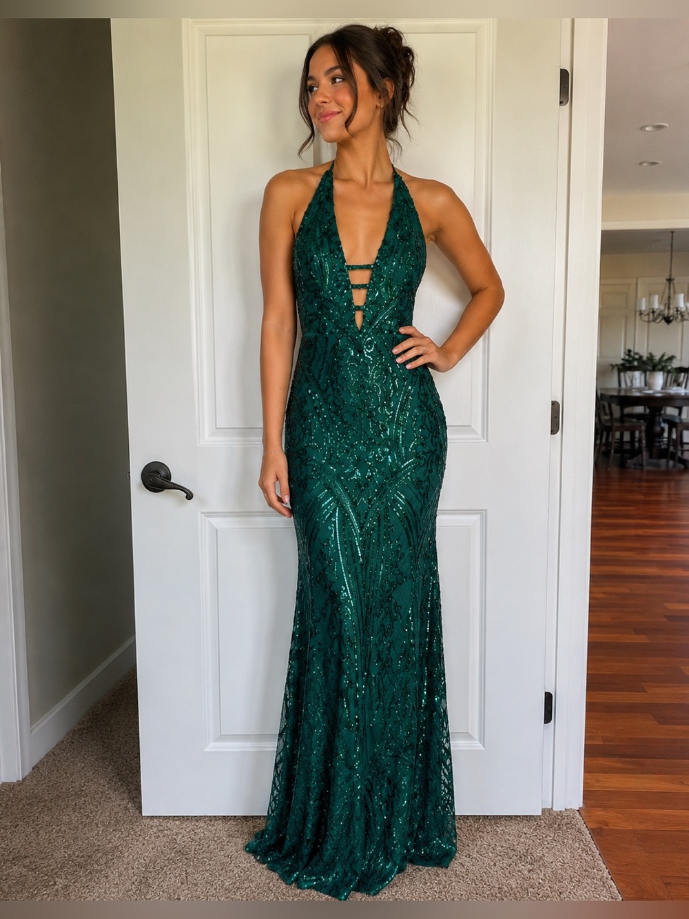 Blondie Nites Emerald Green Sequin Halter Formal Gown Dress Size 5 NWT